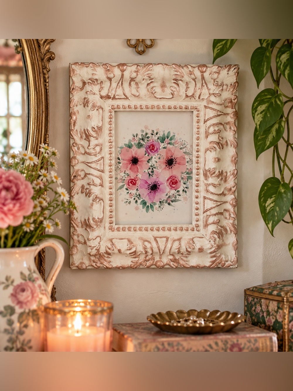 Colorful Floral Picture Vintage Style Ornate Thick White Rose Gold Framed Art